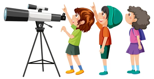 Niños Observando Cielo Con Telescopio Ilustración — Vector de stock