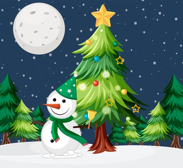Snowman Onder Kerstboom Outdoor Achtergrond Illustratie — Stockvector