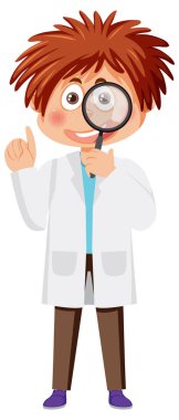 Laboratuvar önlüğü giymiş bir çocuk.