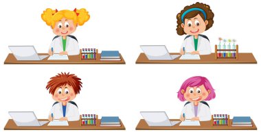 Bir dizi farklı bilim adamı çocuk çizgi film karakteri çizimi