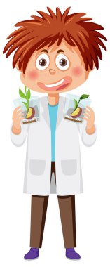 Laboratuvar önlüğü giymiş bir çocuk.