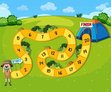 Çocuk illüstrasyonu için kamp temasında labirent oyun şablonu