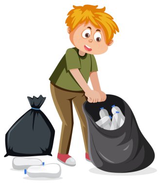 Çöp poşetindeki plastik şişeleri sınıflandıran bir adam.