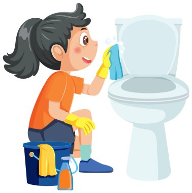 Tuvaleti paçavra ve sprey boyayla temizleyen bir kız.