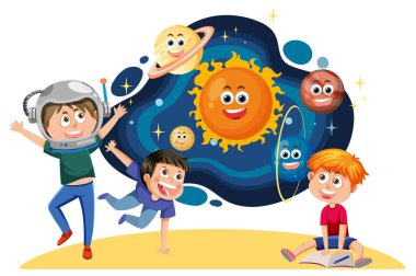 Astronomi temalı resimdeki çocuklar