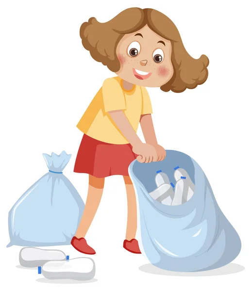 一个在垃圾袋图上整理塑料瓶的女孩 — 图库矢量图片