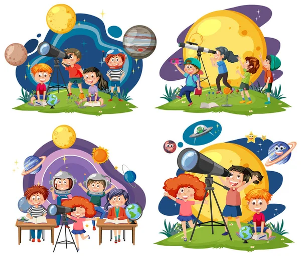 Дети Помощью Иллюстраций Коллекции Телескопов — стоковый вектор