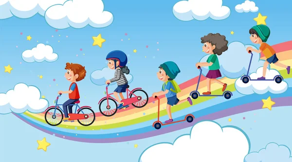 Kinder Spielen Auf Regenbogen Himmel Illustration — Stockvektor