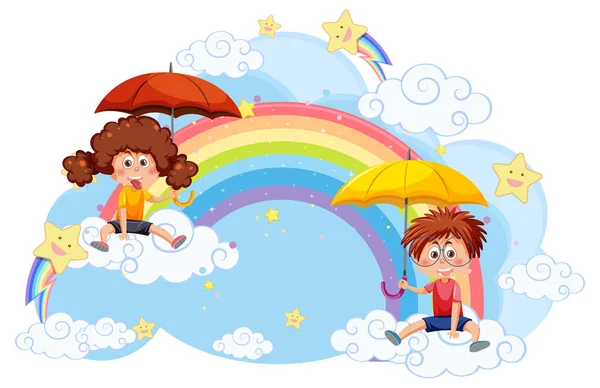 Niños Sentados Nube Con Ilustración Arco Iris — Vector de stock