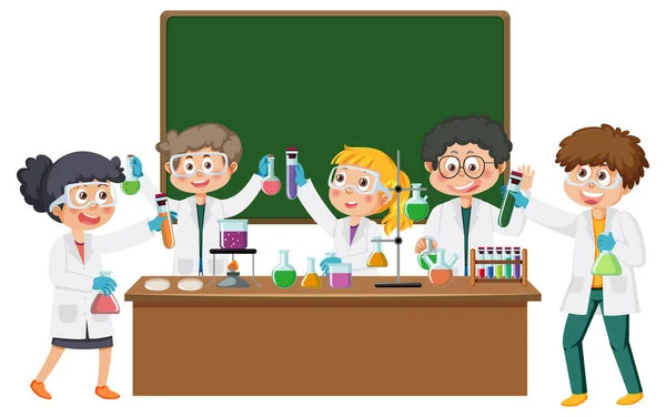 科学者の子供たちは化学実験イラストを — ストックベクタ