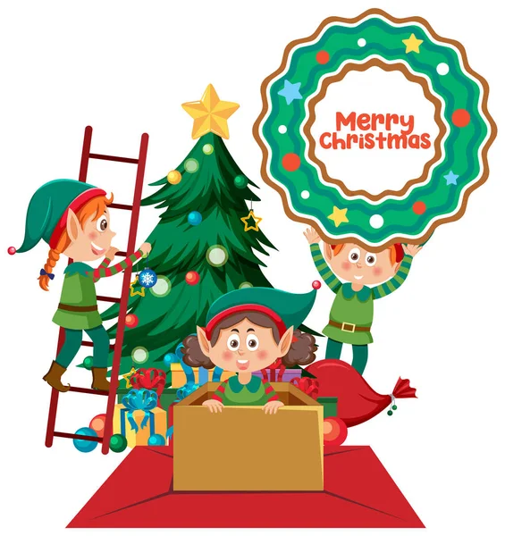 Weihnachtselfen Kinder Mit Weihnachtsbaum Illustration — Stockvektor