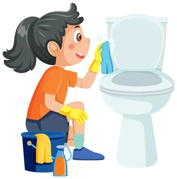 一个用抹布和喷涂图解清洁厕所的女孩 — 图库矢量图片
