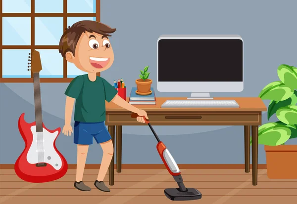 Ein Junge Putzt Das Wohnzimmer Illustration — Stockvektor