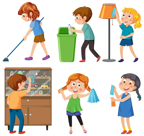 家庭用セットイラストで掃除する子供たち — ストックベクタ