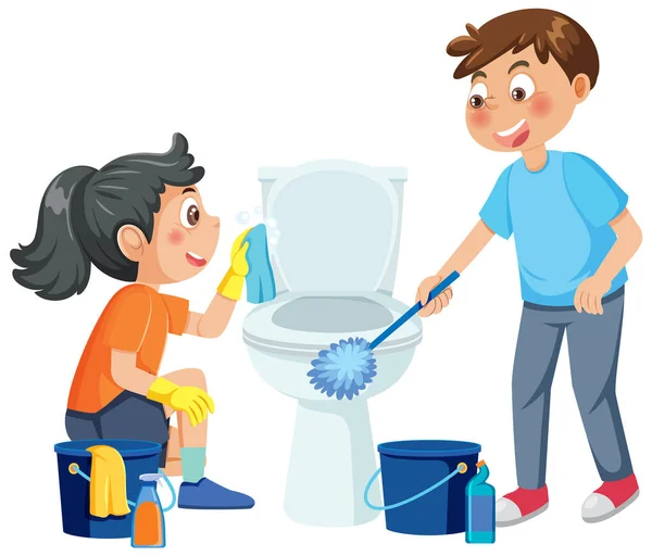 Kids Cleaning Toilet Together Illustration — Stock Vector