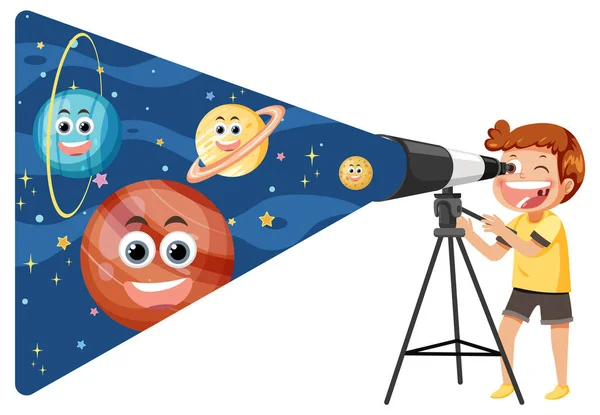 Boy Observing Sky Telescope Illustration — Stock Vector