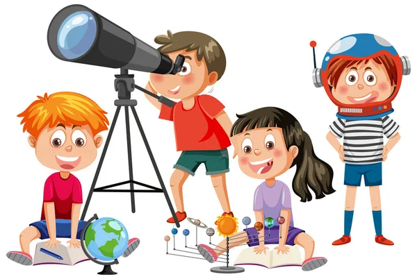 Діти Які Спостерігають Допомогою Ілюстрації Телескопа — стоковий вектор