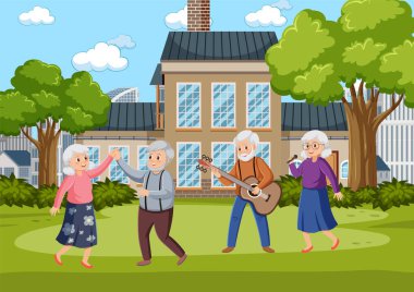 Park illüstrasyonunda faaliyet gösteren yaşlılar