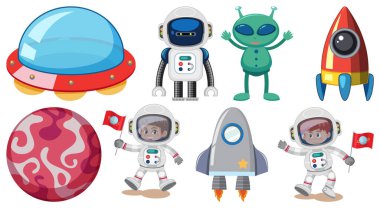 Set of space cartoon characters and objects illustration