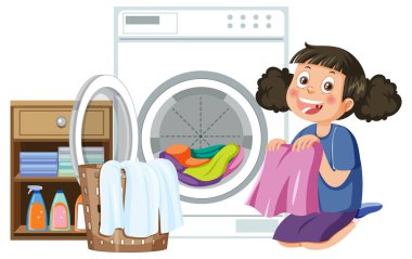 Çamaşır makinesiyle çamaşır yıkayan bir kız.