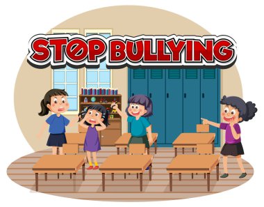 Stop Bullying text with cartoon character illustration