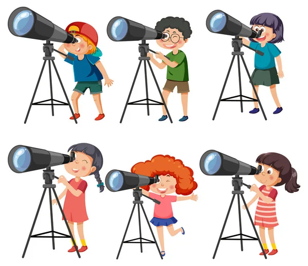 Ensemble Différents Enfants Utilisant Des Télescopes Illustration — Image vectorielle