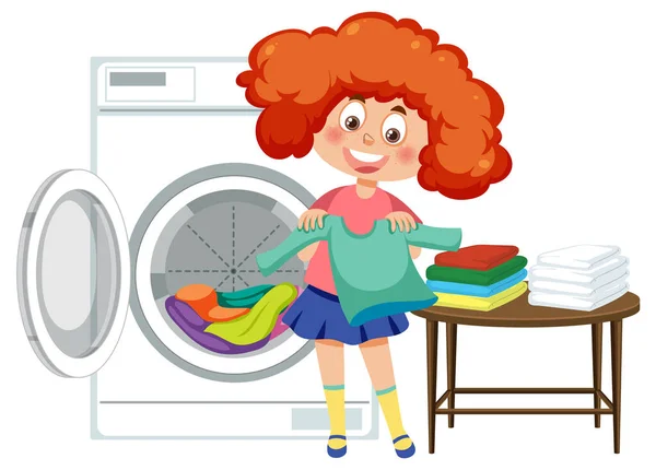 Flicka Gör Tvätt Med Tvättmaskin Illustration — Stock vektor