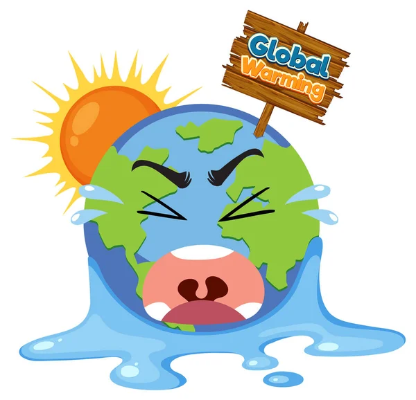 Tierra Llorando Con Ilustración Del Letrero Del Calentamiento Global — Vector de stock