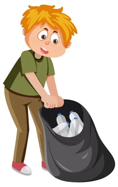 一个在垃圾袋里整理塑料瓶的男人 — 图库矢量图片