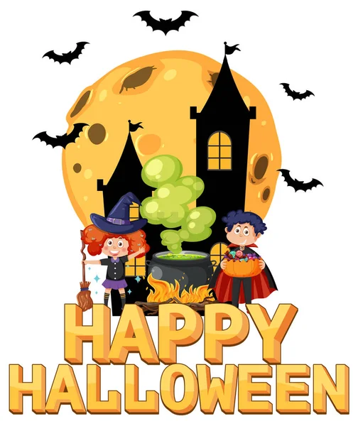 Happy Halloween Text Logo Cartoon Character Illustration — Stock vektor