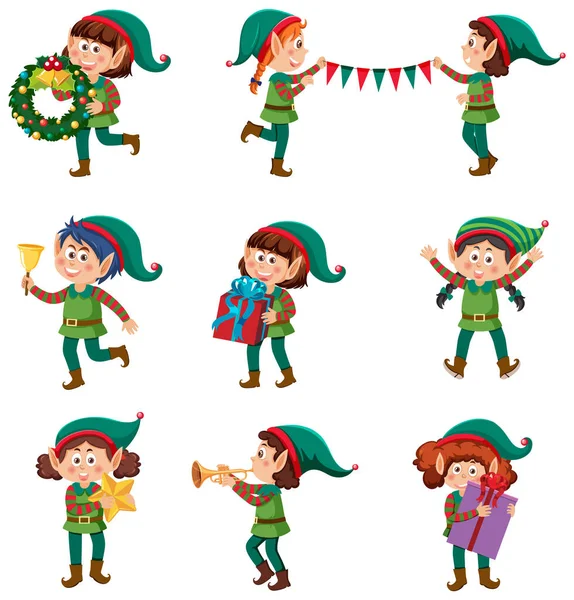 Elfes Noël Personnages Bande Dessinée Illustration Ensemble — Image vectorielle