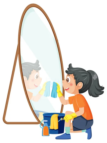 一个女孩用抹布和喷涂图来擦拭镜子 — 图库矢量图片