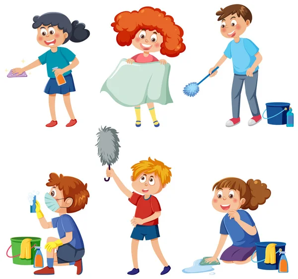 Crianças Limpeza Casa Set Ilustração — Vetor de Stock