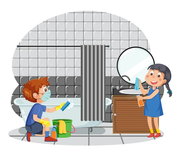 子供の掃除バスルーム一緒にイラスト — ストックベクタ