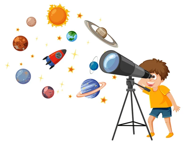 Liten Pojke Observerar Himlen Med Ett Teleskop Illustration — Stock vektor
