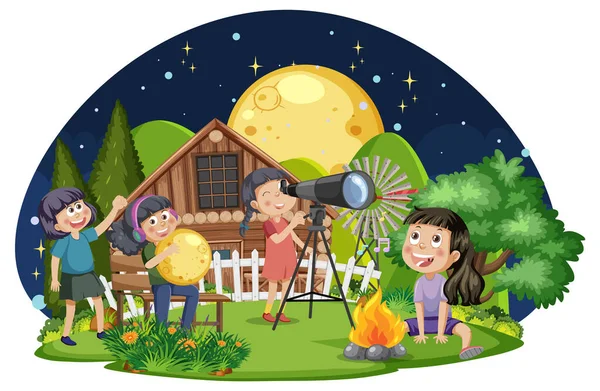 Niños Observando Ilustración Del Cielo Nocturno — Vector de stock