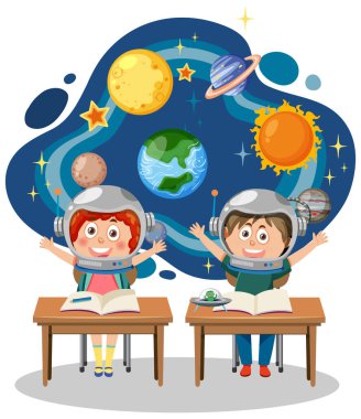 Öğrenci çocuklar astronomi öğreniyor.