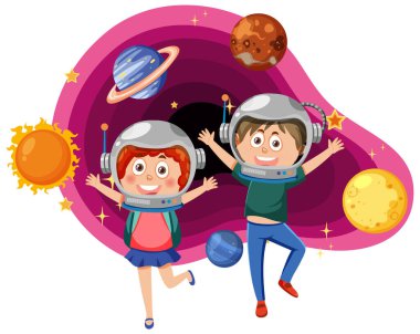 Astronomi temalı resimdeki çocuklar