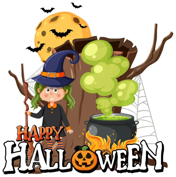 Happy Halloween Text Logo Cartoon Character Illustration — Stock vektor