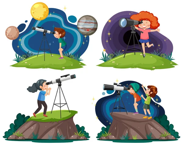 Enfants Utilisant Des Télescopes Illustration Collection — Image vectorielle