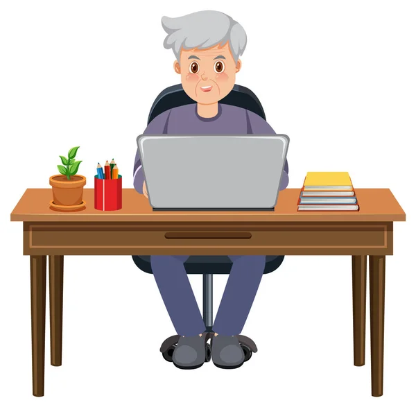 Homem Velho Sentado Frente Ilustração Laptop — Vetor de Stock