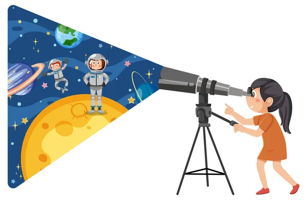 Dziewczyna Obserwująca Niebo Przez Teleskop Ilustracji — Wektor stockowy