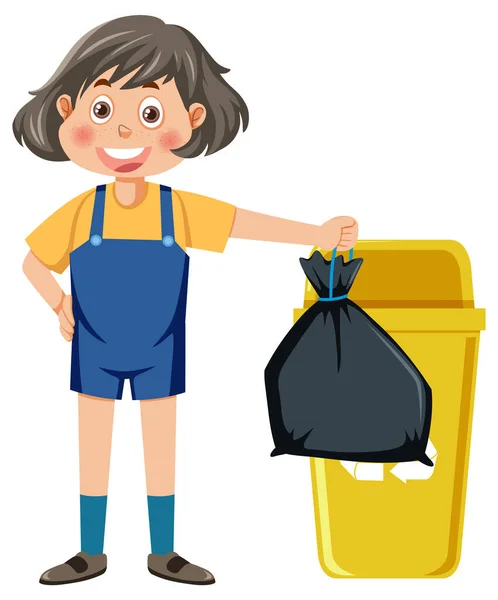 Girl Holding Trash Bag Yellow Bin Illustration — Stock Vector