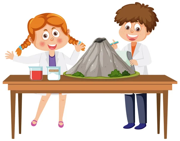 Enfants Scientifiques Faisant Des Expériences Science Volcanique Illustration — Image vectorielle