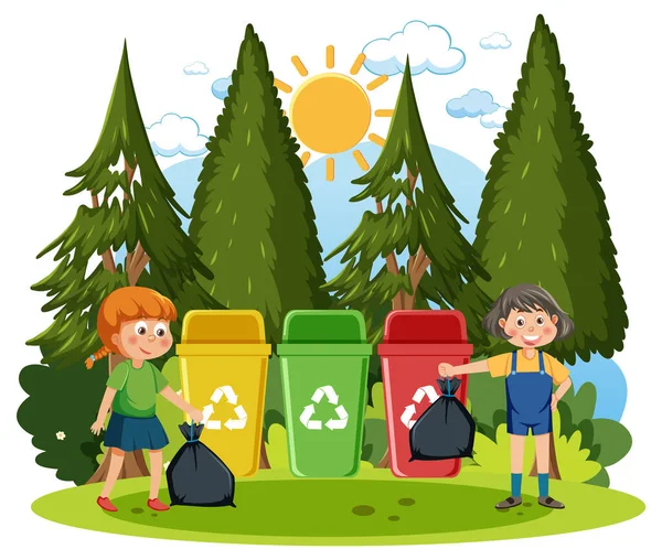 Zeichentrick Kinder Sammeln Müll Park — Stockvektor