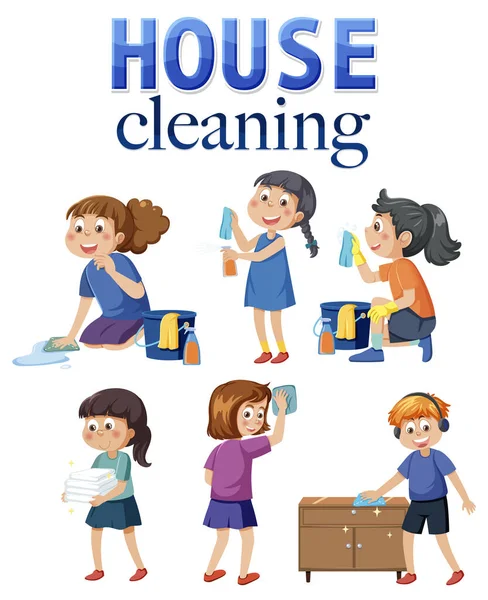 Niños Limpieza Casa Set Ilustración — Vector de stock