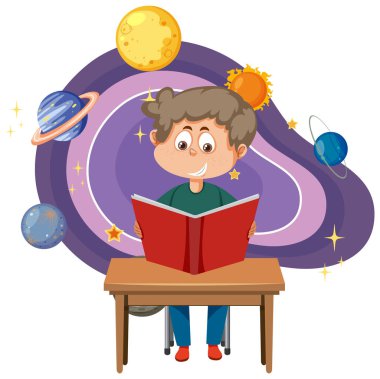 Çizgi film stili illüstrasyonunda astronom çocuklar