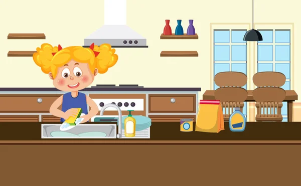 Dívka Mytí Nádobí Kuchyni Ilustrace — Stockový vektor