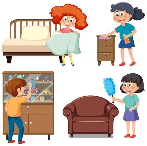 Kids Cleaning Cartoon Characters Collection Illustration — Stock Vector