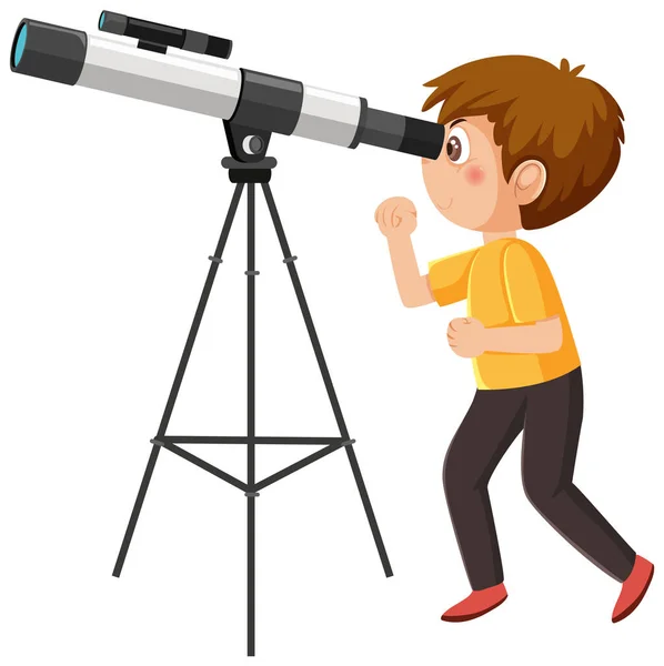 Een Jongen Kijkend Door Telescoop Illustratie — Stockvector